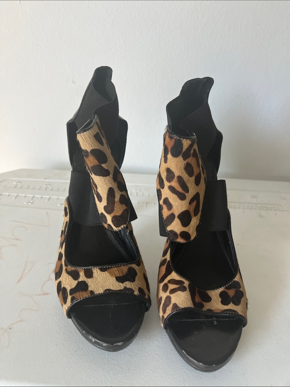 Calvin Klein Leopard-Print Open Toe Heels with Black Accents